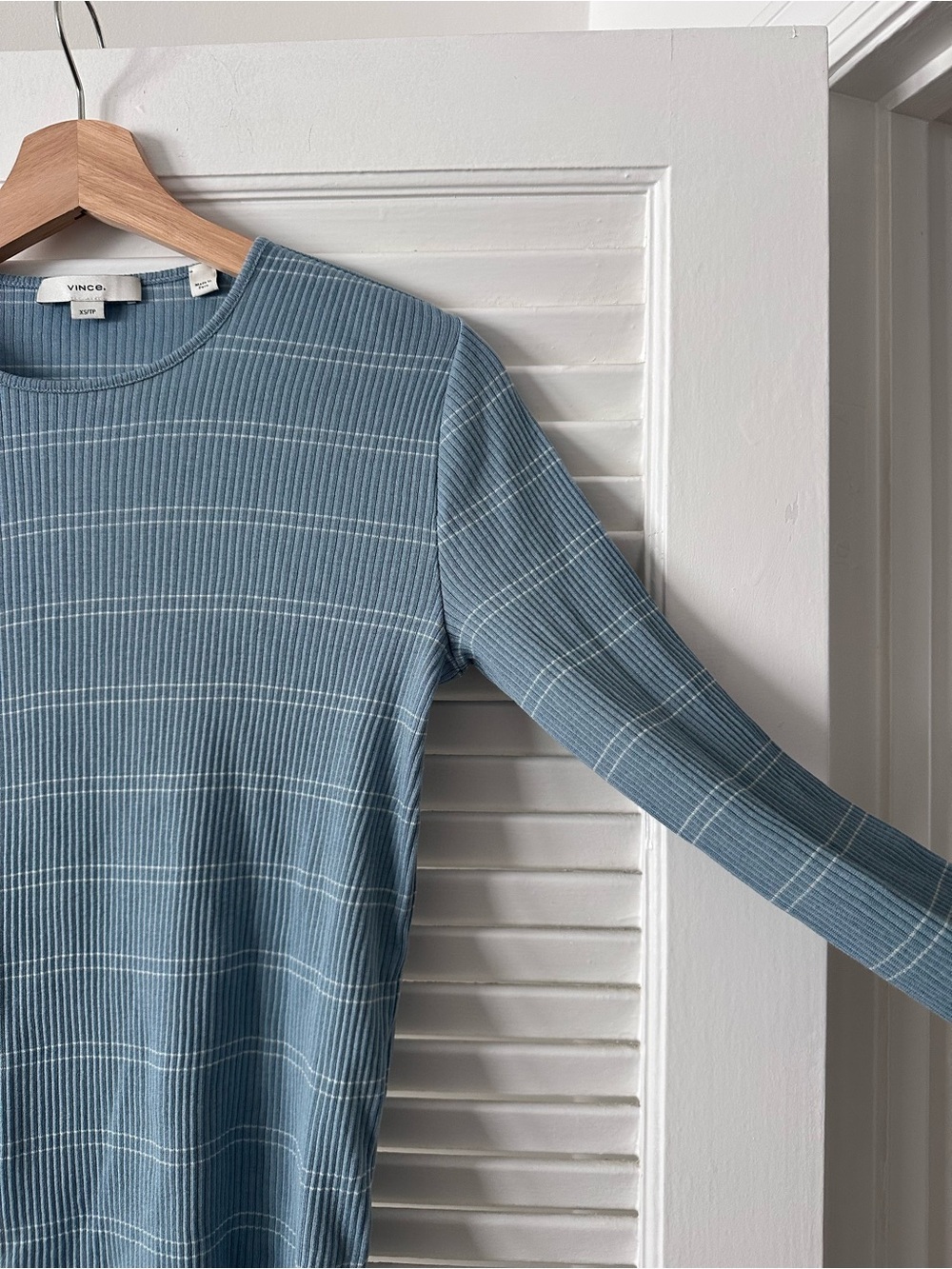 Vince Ribbed Pima Cotton Striped Top | Slate Blue | Size XS - Picture 4 of 6